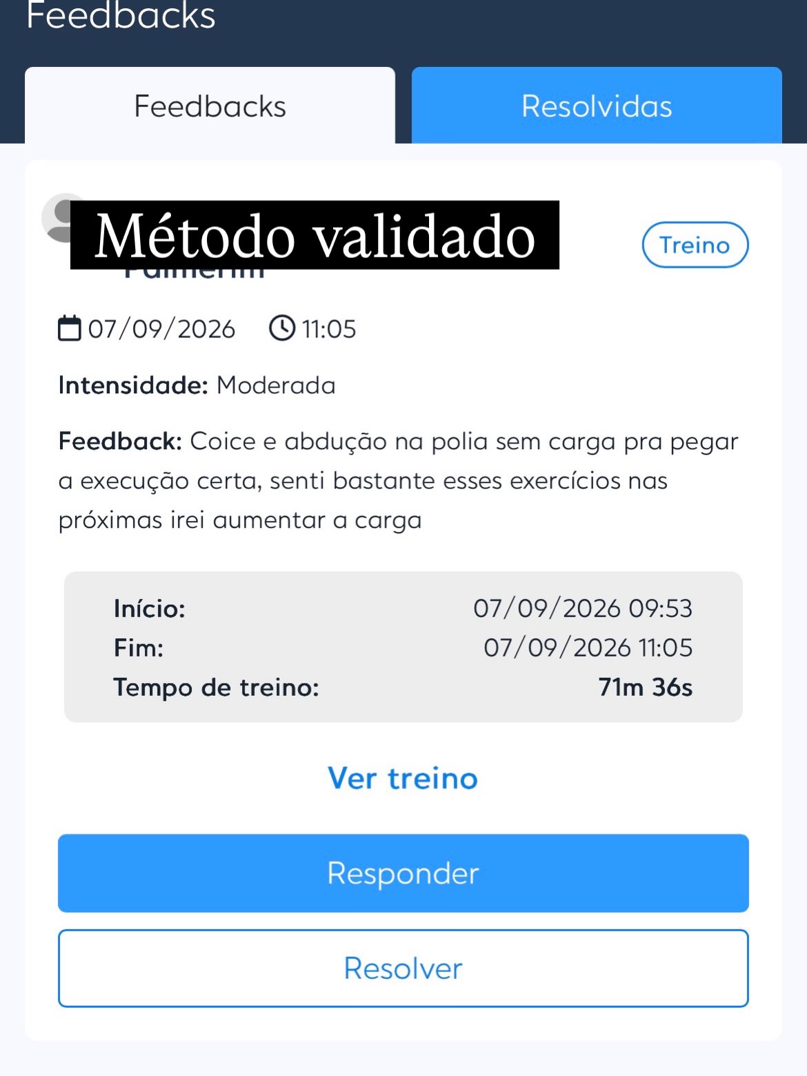 Registro real de feedback no MFIT: relato sobre execução dos exercícios e intenção de progredir a carga